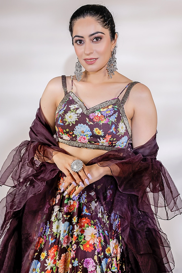 Wine Cotton Silk Printed Wedding Lehenga Set by Jubinav Chadha at Pernia's Pop Up Shop