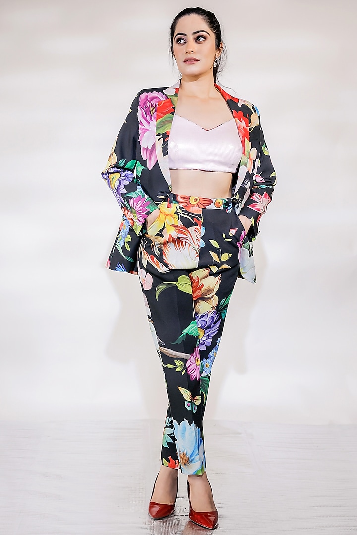 Black Crepe Floral Printed Blazer Set by Jubinav Chadha at Pernia's Pop Up Shop