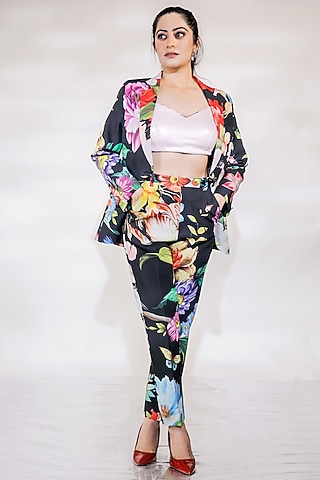 Black Crepe Floral Printed Blazer Set by Jubinav Chadha