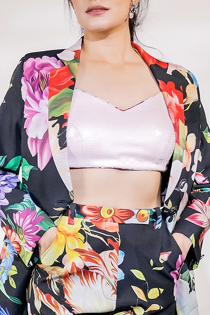 Black Crepe Floral Printed Blazer Set by Jubinav Chadha at Pernia's Pop Up Shop