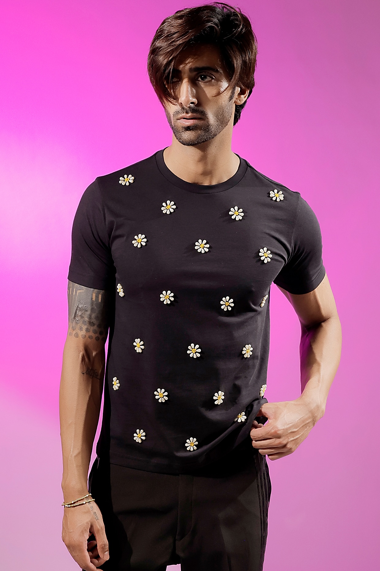 Black Cotton Jersey Hand Embroidered T-Shirt by Jubinav Chadha Men