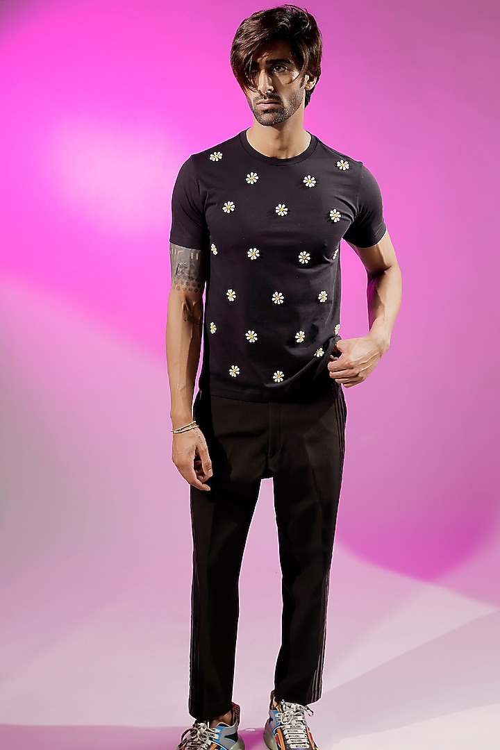 Black Cotton Jersey Hand Embroidered T-Shirt by Jubinav Chadha Men at Pernia's Pop Up Shop