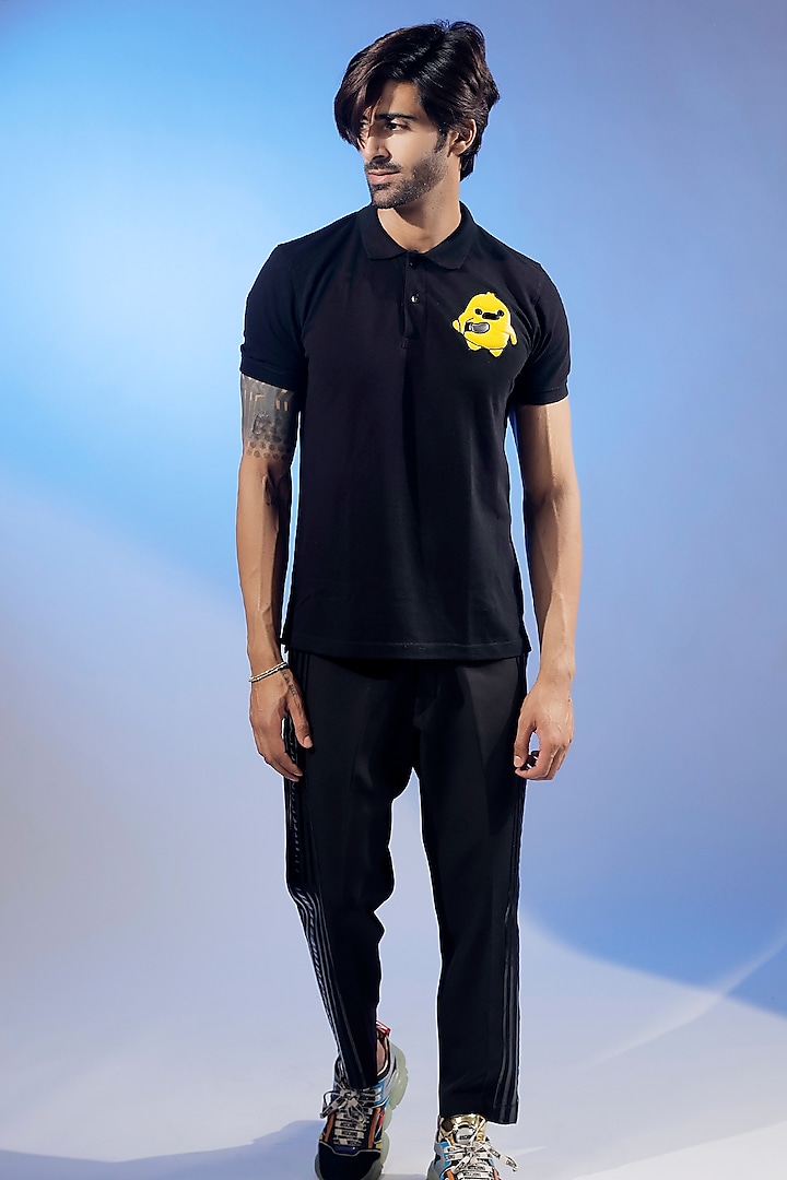 Black Cotton Jersey Polo T-shirt by Jubinav Chadha Men