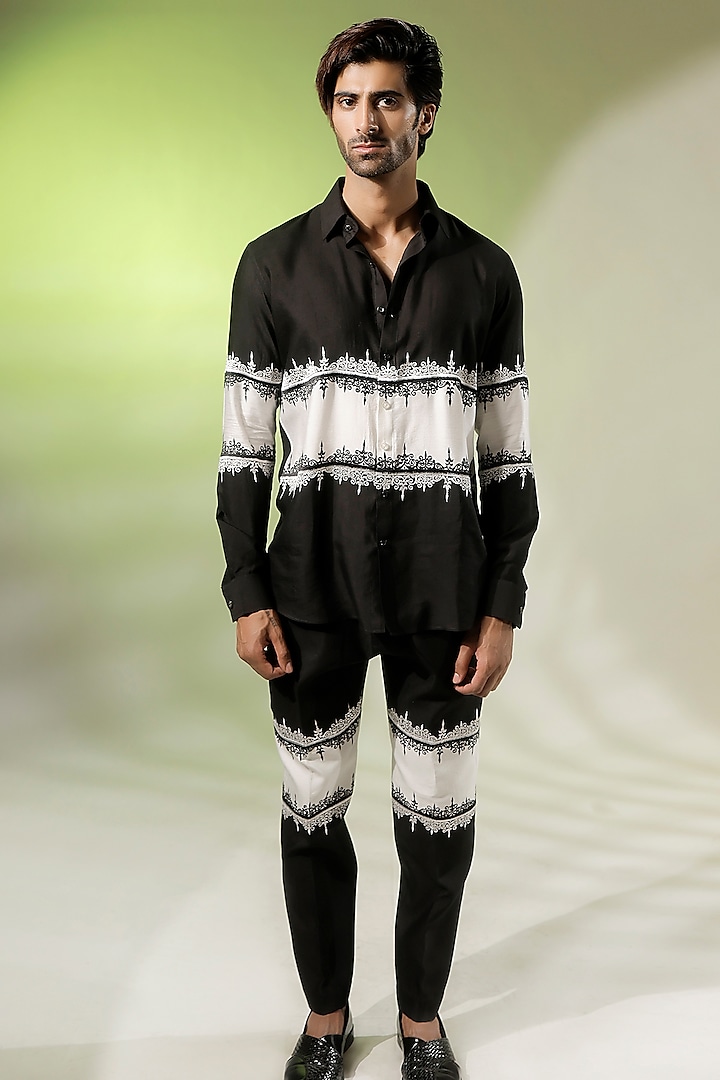 Black & White Cotton Silk Embroidered Co-Ord Set by Jubinav Chadha Men