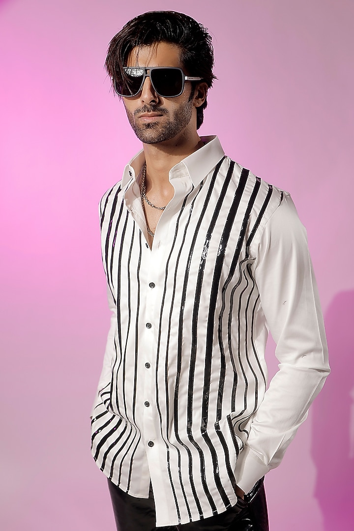 White Cotton Striped Party Wear Shirt by Jubinav Chadha Men at Pernia's Pop Up Shop