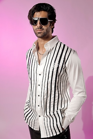 White Cotton Striped Shirt by Jubinav Chadha Men