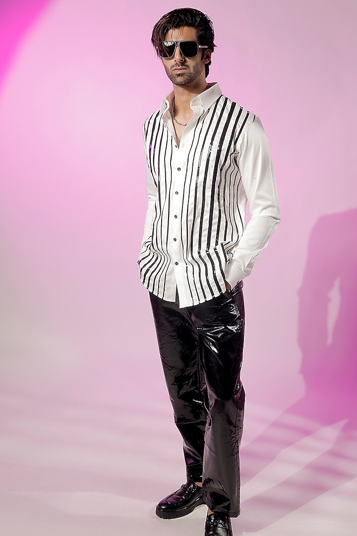 White Cotton Striped Party Wear Shirt by Jubinav Chadha Men at Pernia's Pop Up Shop