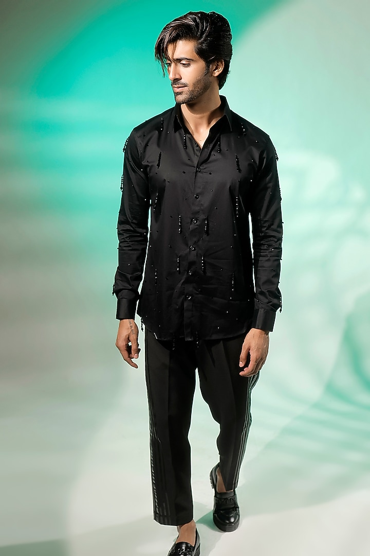 Black Cotton Lycra Wedding Shirt by Jubinav Chadha Men at Pernia's Pop Up Shop