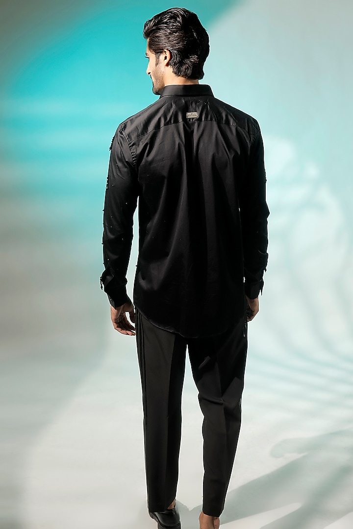 Black Cotton Lycra Wedding Shirt by Jubinav Chadha Men at Pernia's Pop Up Shop