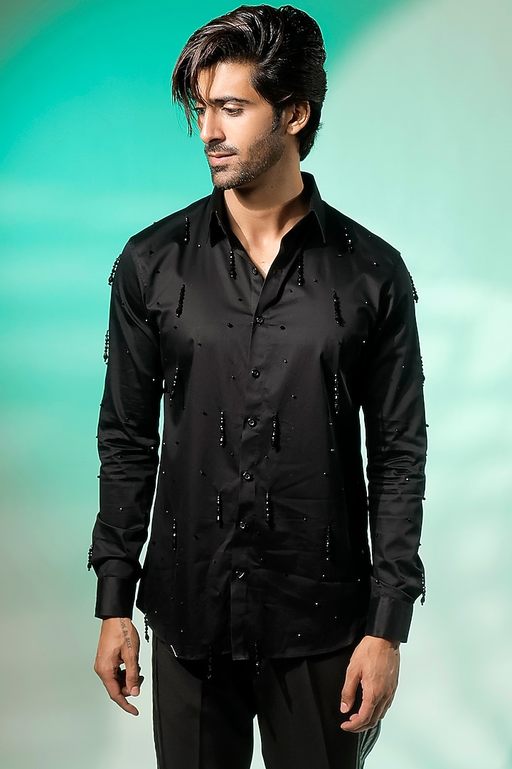 Black Cotton Lycra Wedding Shirt by Jubinav Chadha Men at Pernia's Pop Up Shop