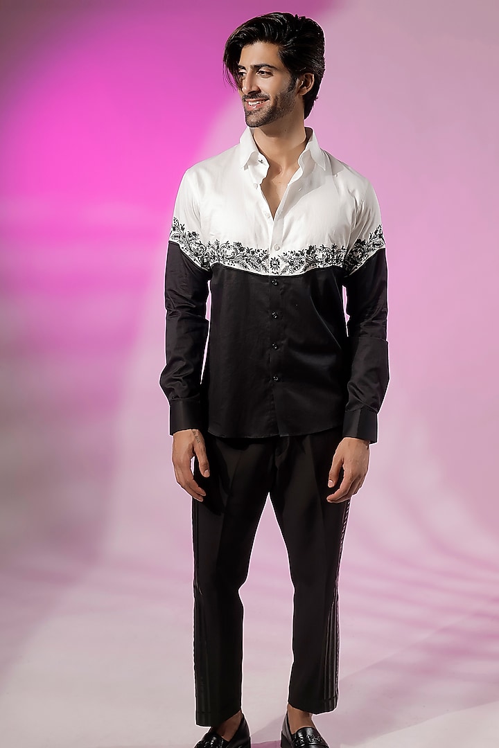 White & Black Cotton Embroidered Wedding Shirt by Jubinav Chadha Men at Pernia's Pop Up Shop