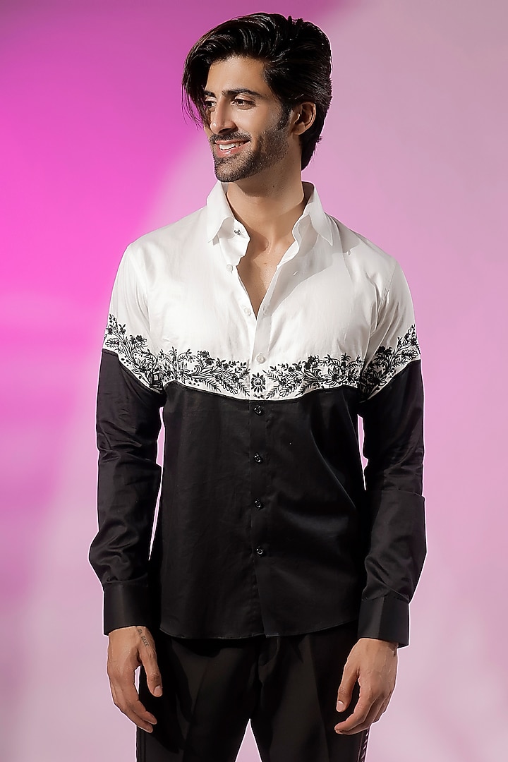 White & Black Cotton Embroidered Wedding Shirt by Jubinav Chadha Men at Pernia's Pop Up Shop
