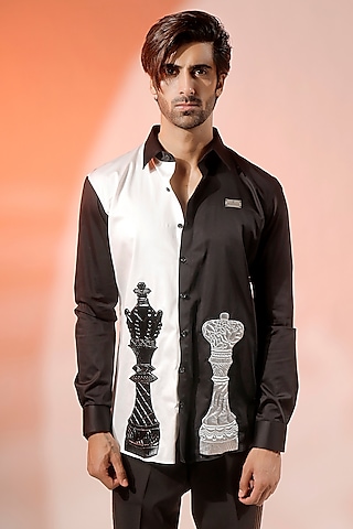 White & Black Cotton Lycra Shirt by Jubinav Chadha Men