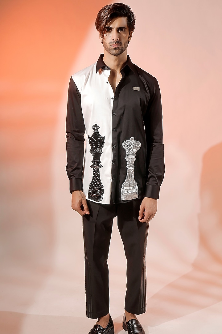 White & Black Cotton Lycra Party Wear Shirt by Jubinav Chadha Men at Pernia's Pop Up Shop