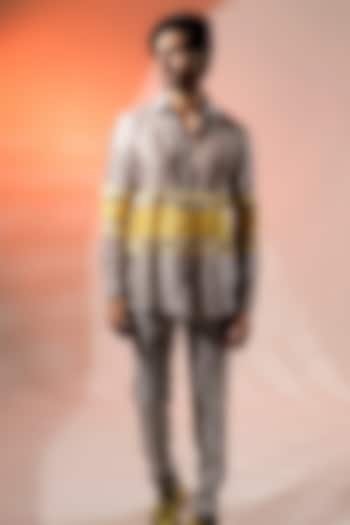 Grey & Yellow Silk Chanderi Embroidered Wedding Shirt by Jubinav Chadha Men at Pernia's Pop Up Shop