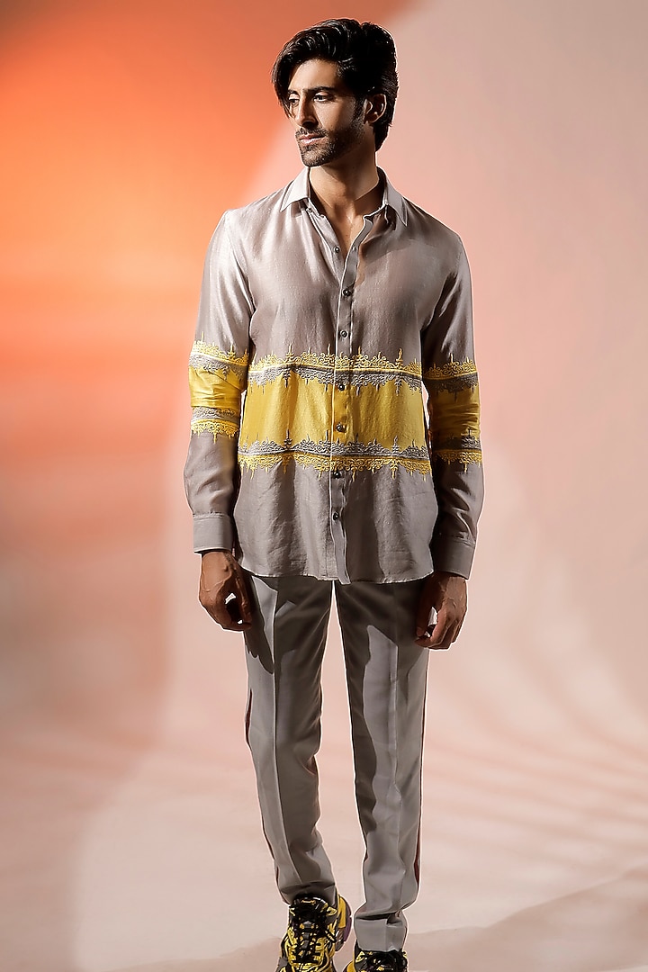 Grey & Yellow Silk Chanderi Embroidered Wedding Shirt by Jubinav Chadha Men at Pernia's Pop Up Shop