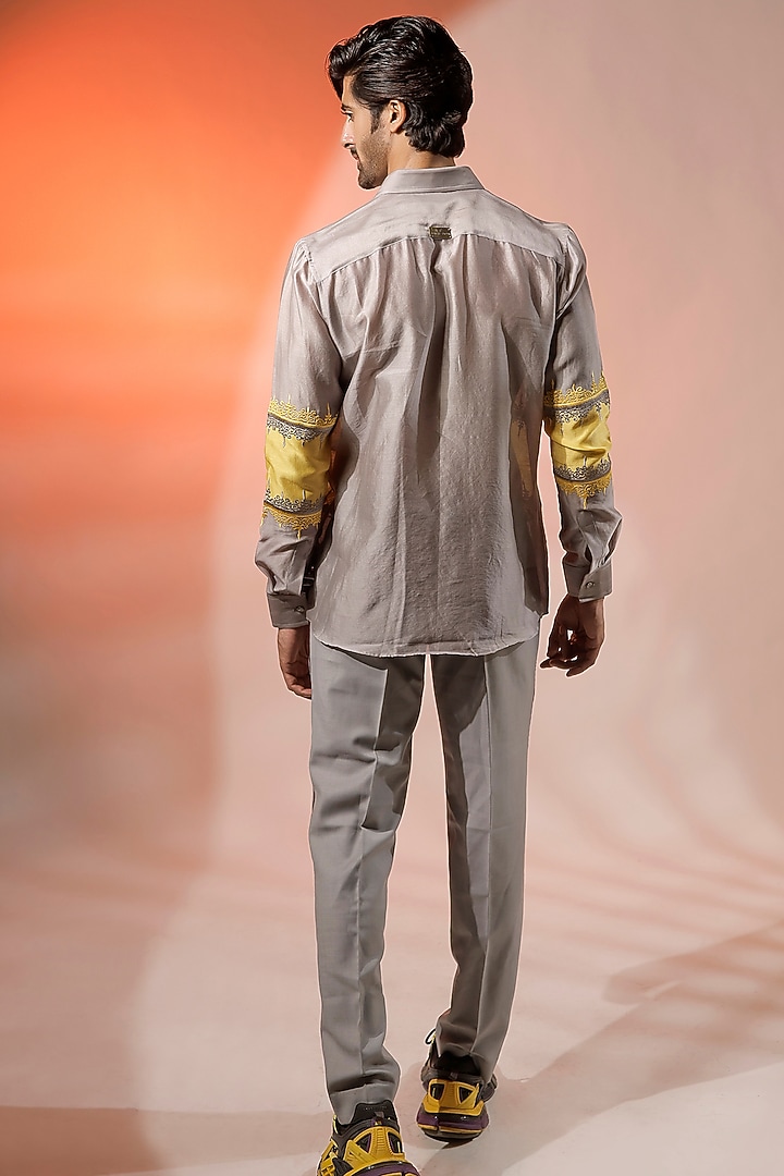 Grey & Yellow Silk Chanderi Embroidered Wedding Shirt by Jubinav Chadha Men at Pernia's Pop Up Shop