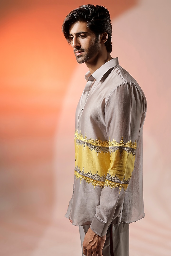 Grey & Yellow Silk Chanderi Embroidered Wedding Shirt by Jubinav Chadha Men at Pernia's Pop Up Shop
