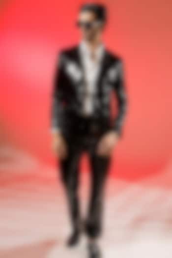 Black Coated Jersey Blazer Set by Jubinav Chadha Men