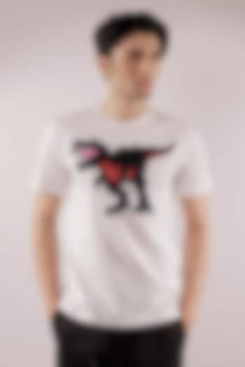 White Cotton Quilted Dinosaur T-Shirt by Jubinav Chadha Men