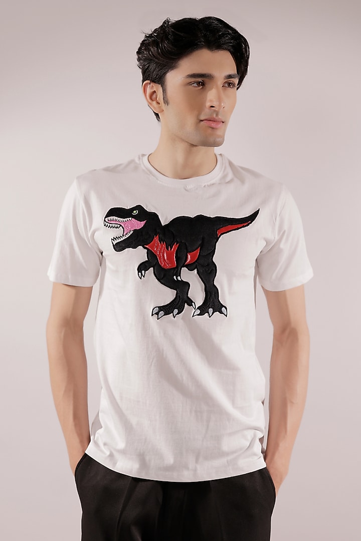 White Cotton Quilted Dinosaur T-Shirt by Jubinav Chadha Men