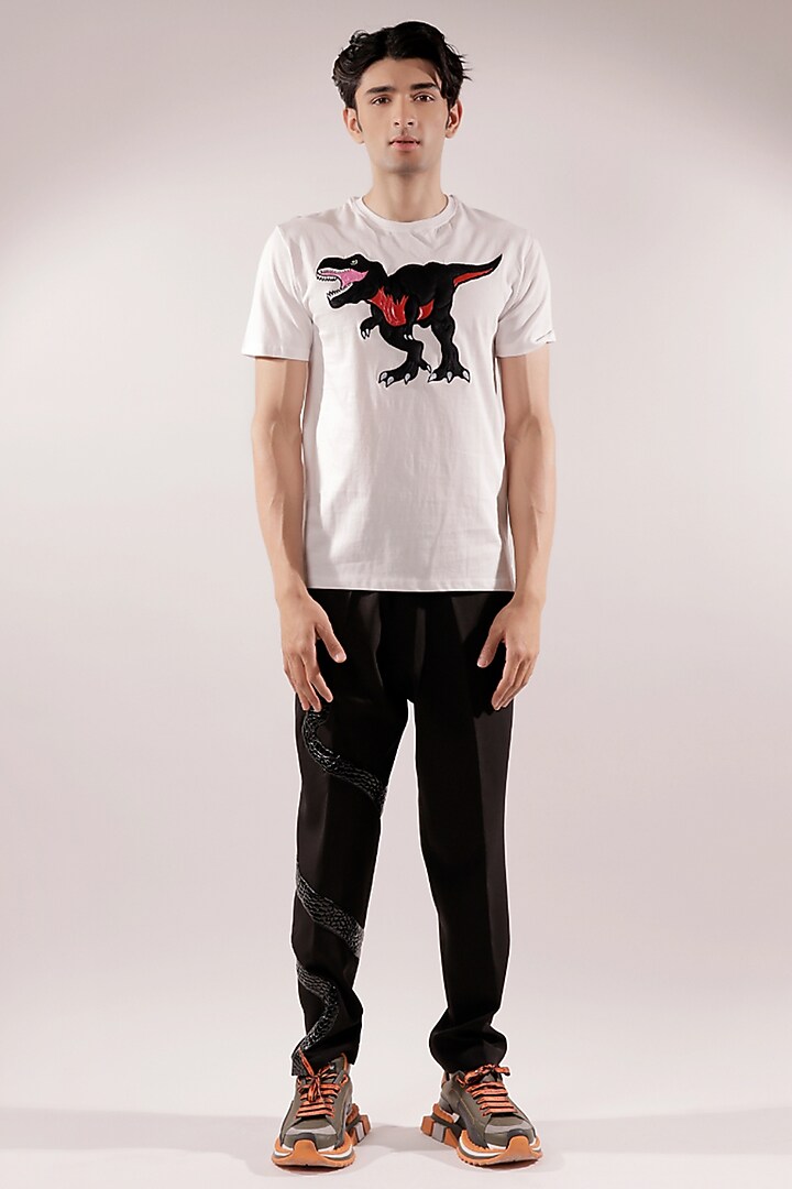 White Cotton Quilted Dinosaur T-Shirt by Jubinav Chadha Men at Pernia's Pop Up Shop