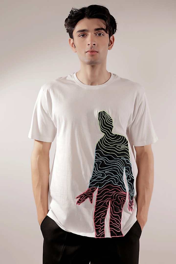 White Cotton Abstract Quilted T-Shirt by Jubinav Chadha Men