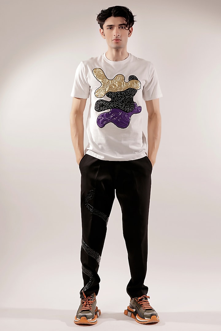 White Cotton Abstract Quilted & Patched T-Shirt by Jubinav Chadha Men at Pernia's Pop Up Shop