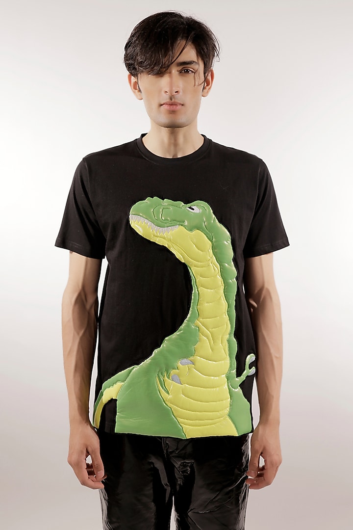 Black Cotton Quilted Dinosaur T-Shirt by Jubinav Chadha Men at Pernia's Pop Up Shop