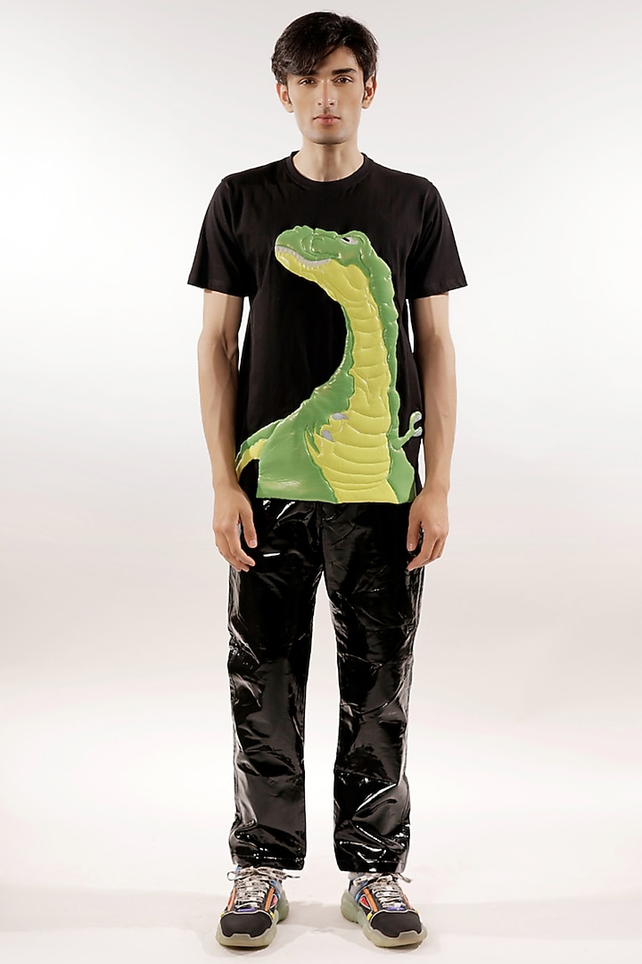Black Cotton Quilted Dinosaur T-Shirt by Jubinav Chadha Men at Pernia's Pop Up Shop