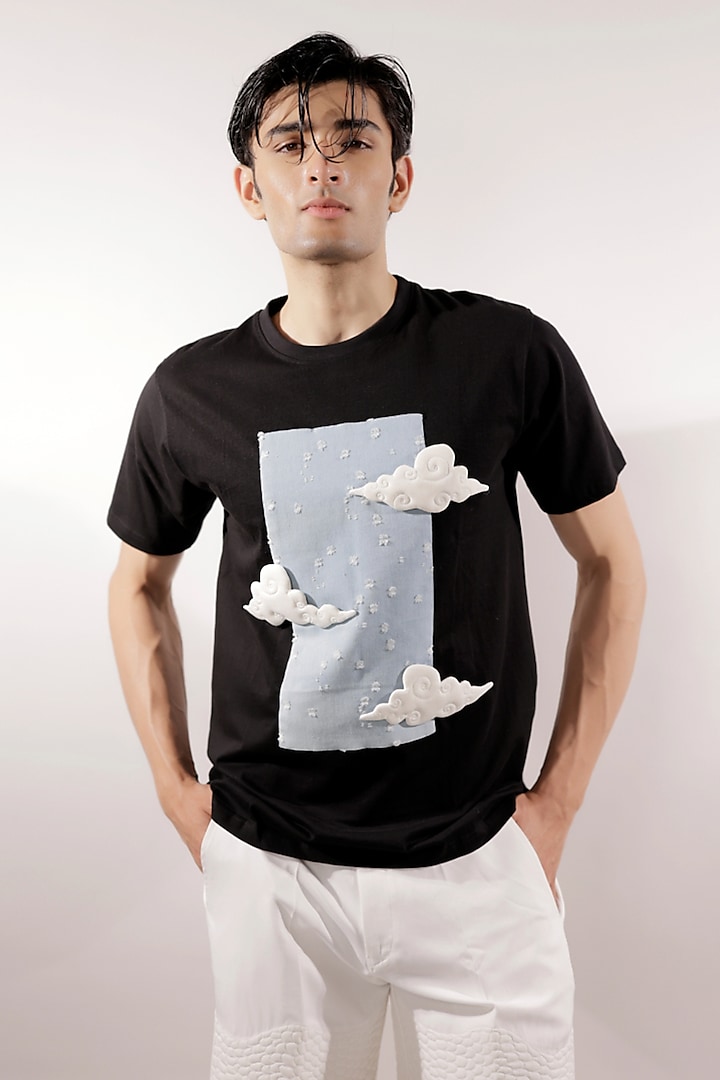 Black Cotton 3D Quilted Clouds T-Shirt by Jubinav Chadha Men