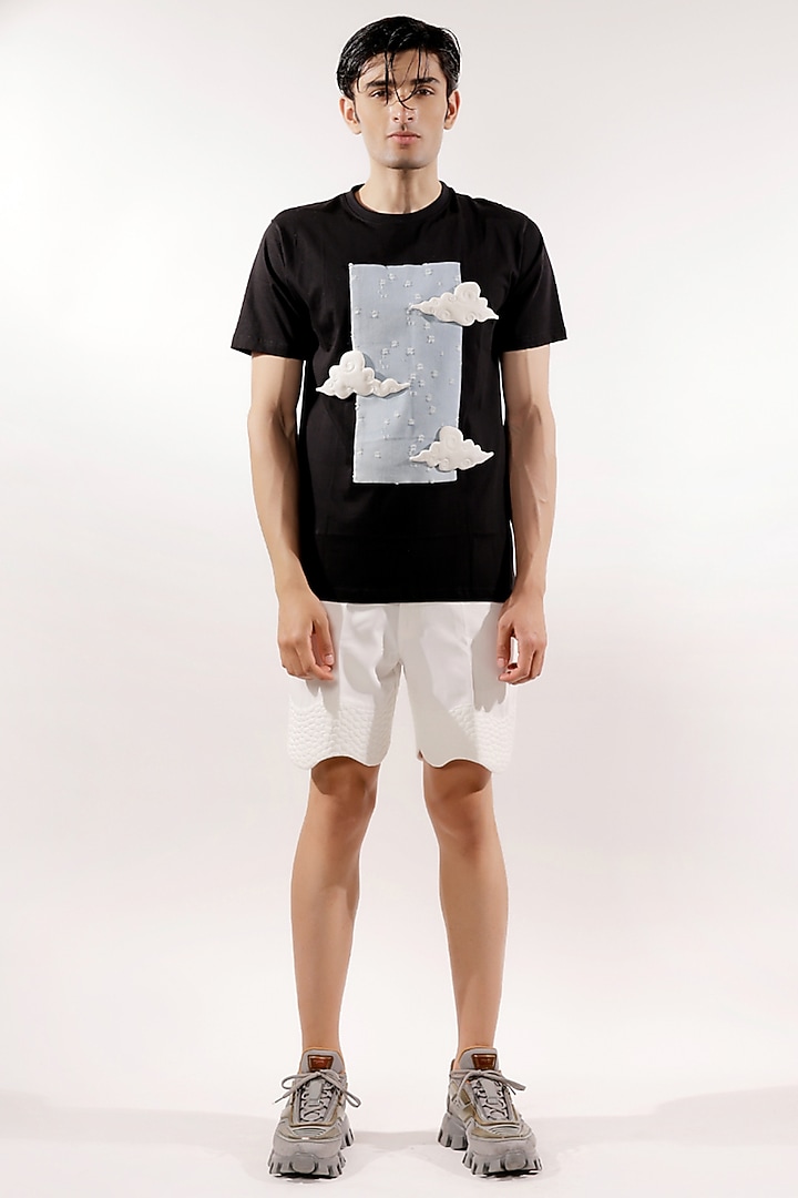 Black Cotton 3D Quilted Clouds T-Shirt by Jubinav Chadha Men at Pernia's Pop Up Shop