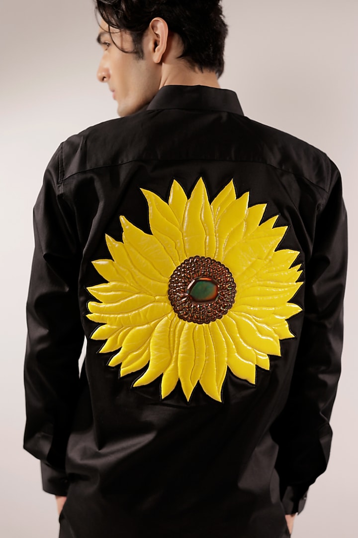 Black Cotton Lycra Quilted Sunflower Wedding Shirt by Jubinav Chadha Men at Pernia's Pop Up Shop