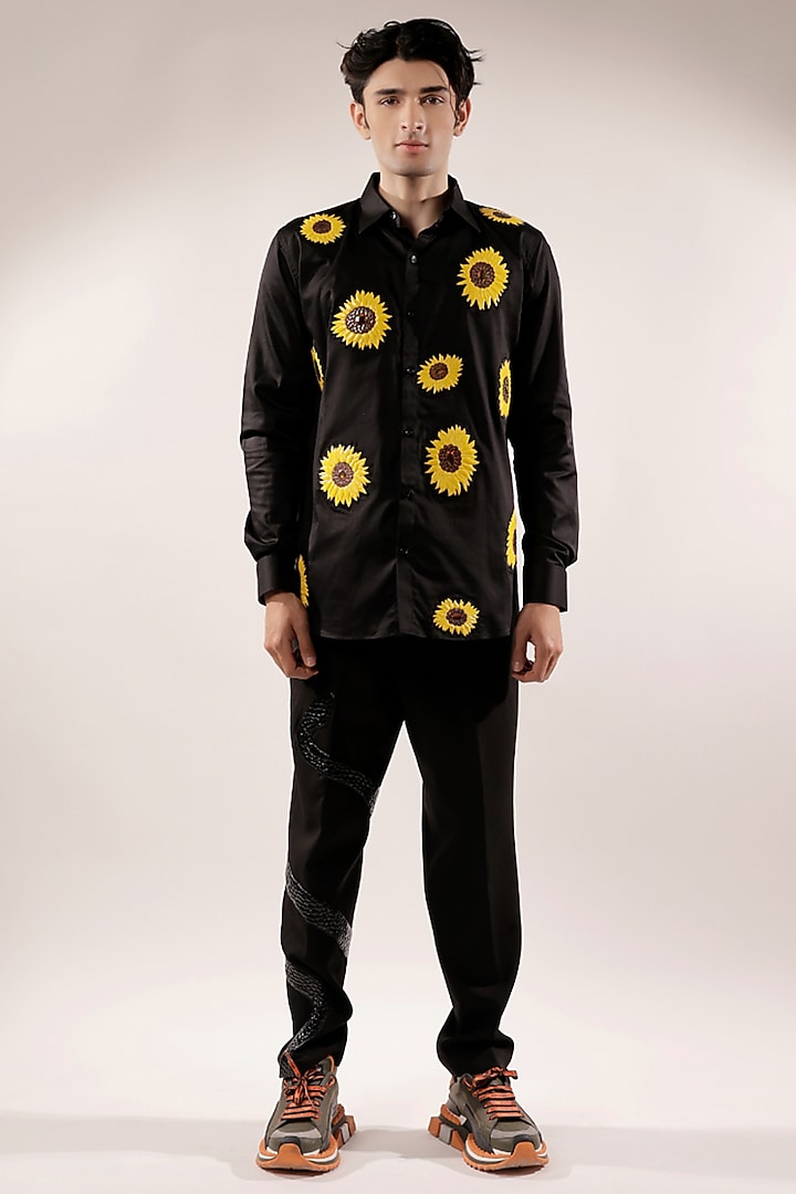 Black Cotton Lycra Quilted Sunflower Wedding Shirt by Jubinav Chadha Men at Pernia's Pop Up Shop