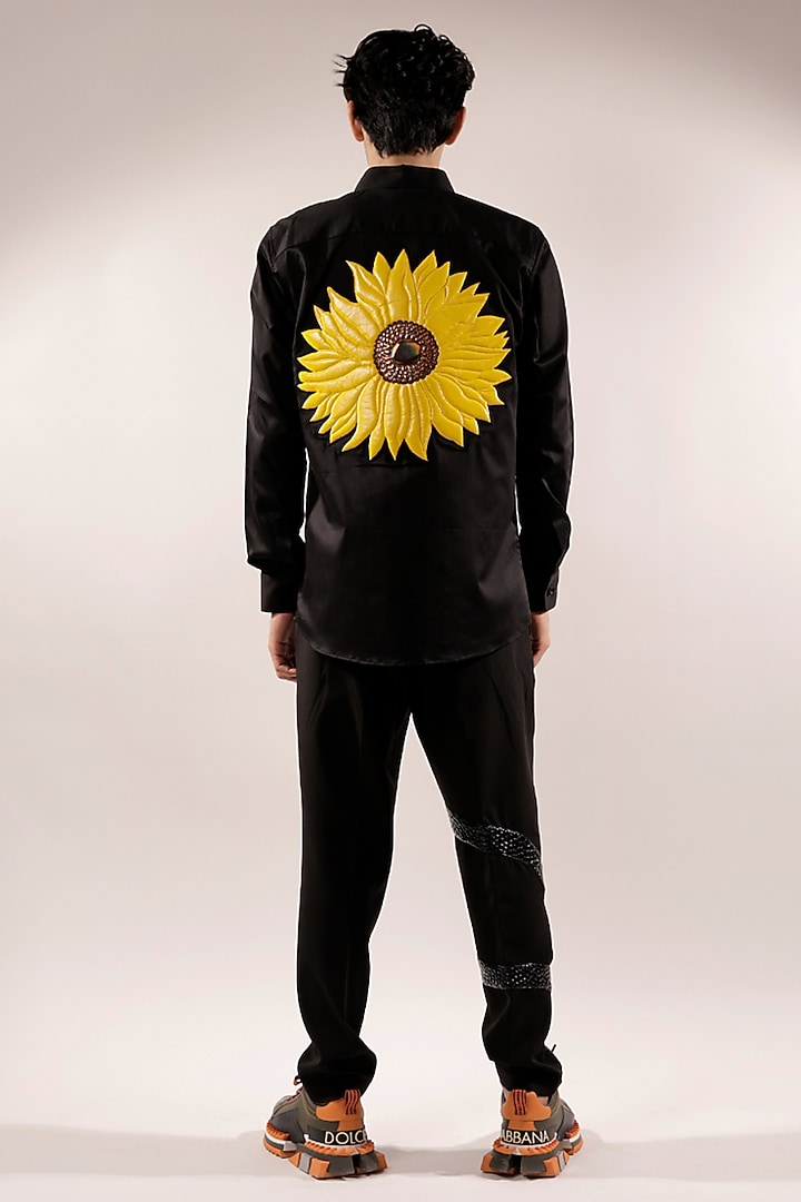 Black Cotton Lycra Quilted Sunflower Wedding Shirt by Jubinav Chadha Men at Pernia's Pop Up Shop
