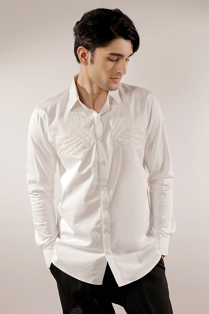 White Cotton Lycra Quilted Geometric Swan Party Wear Shirt by Jubinav Chadha Men at Pernia's Pop Up Shop