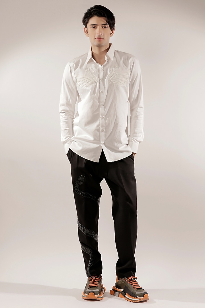 White Cotton Lycra Quilted Geometric Swan Party Wear Shirt by Jubinav Chadha Men at Pernia's Pop Up Shop