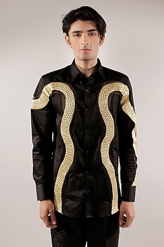 Black Cotton Lycra Quilted Snake Shirt by Jubinav Chadha Men