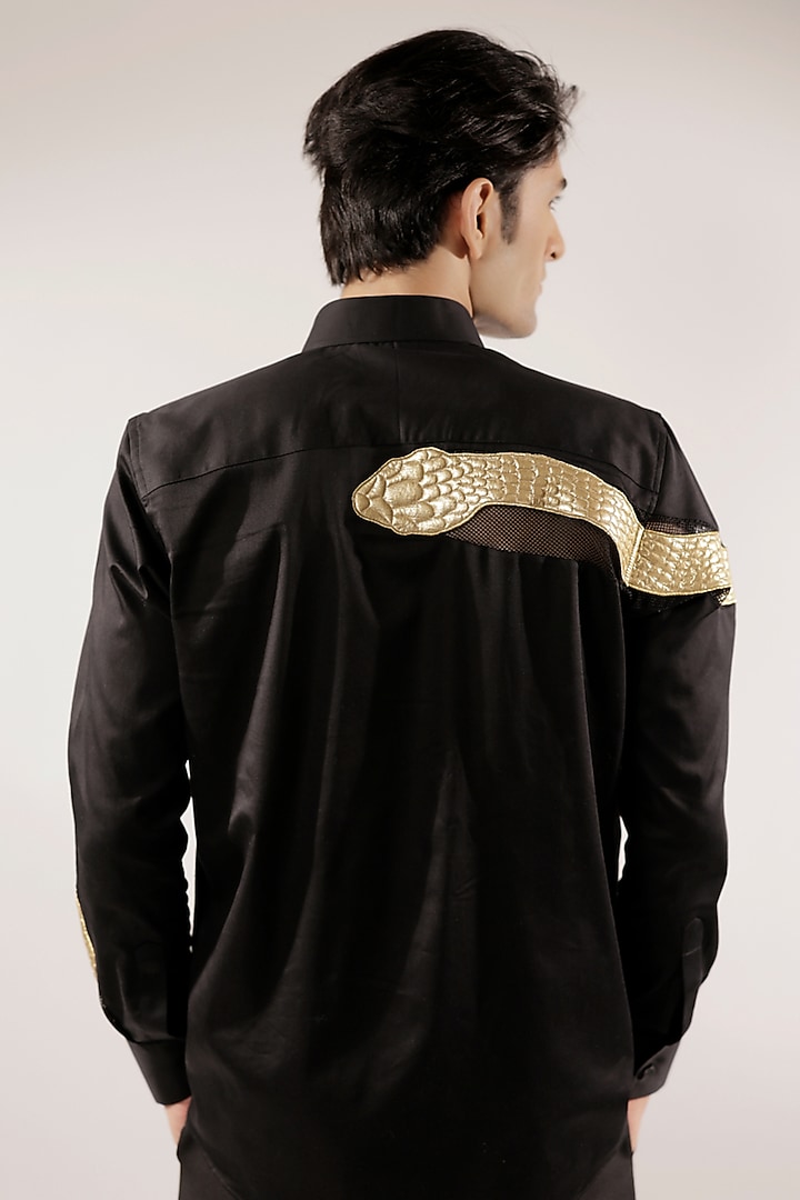 Black Cotton Lycra Quilted Snake Wedding Shirt by Jubinav Chadha Men at Pernia's Pop Up Shop