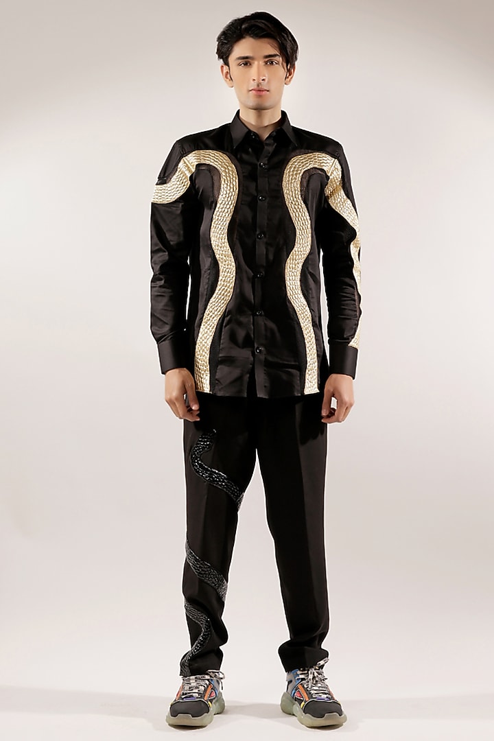 Black Cotton Lycra Quilted Snake Wedding Shirt by Jubinav Chadha Men at Pernia's Pop Up Shop