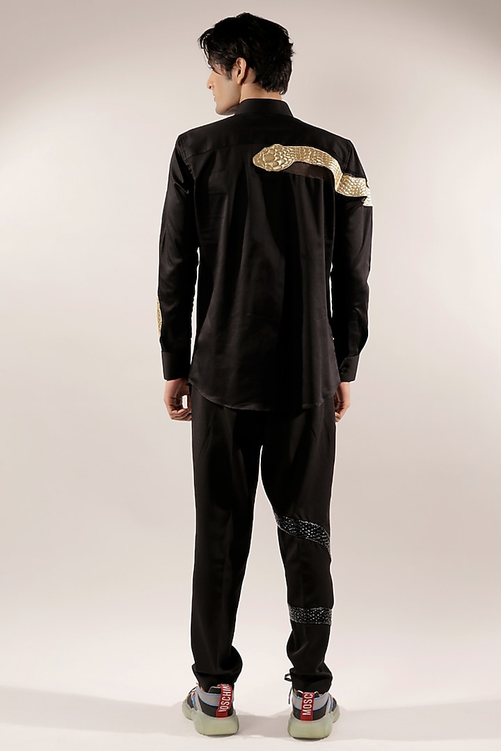 Black Cotton Lycra Quilted Snake Wedding Shirt by Jubinav Chadha Men at Pernia's Pop Up Shop
