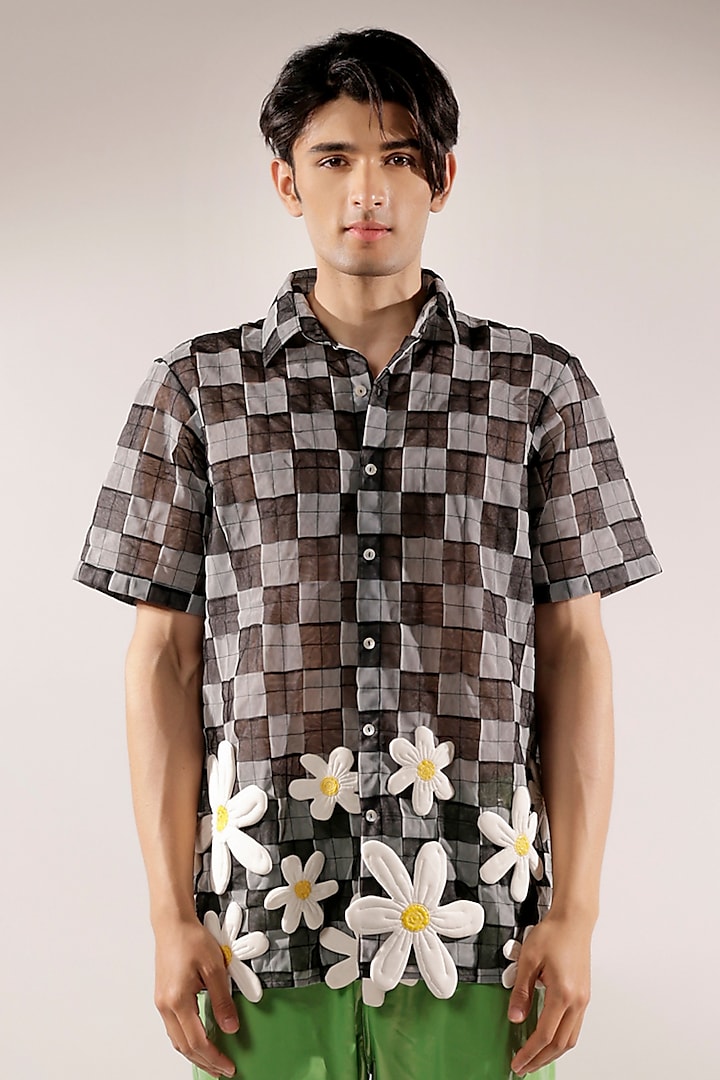 Black & White Net 3D Floral Quilted Checkered Wedding Shirt by Jubinav Chadha Men at Pernia's Pop Up Shop