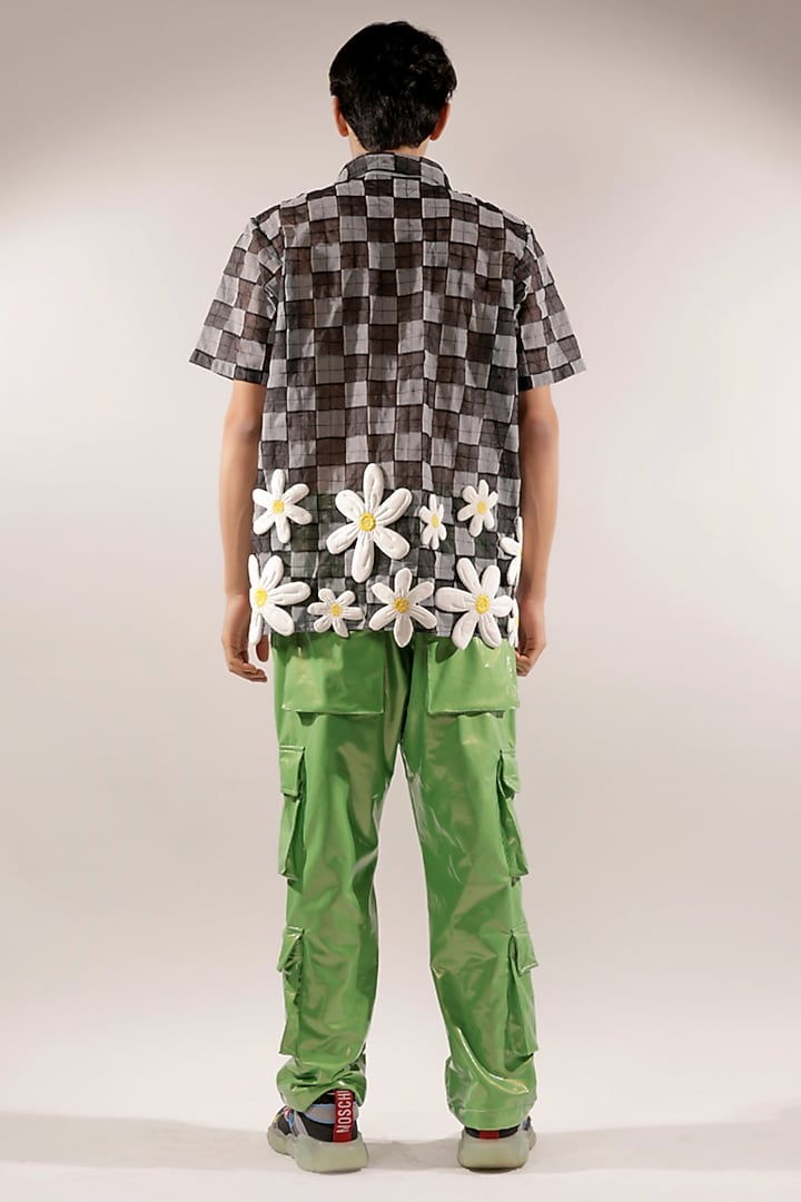 Black & White Net 3D Floral Quilted Checkered Wedding Shirt by Jubinav Chadha Men at Pernia's Pop Up Shop