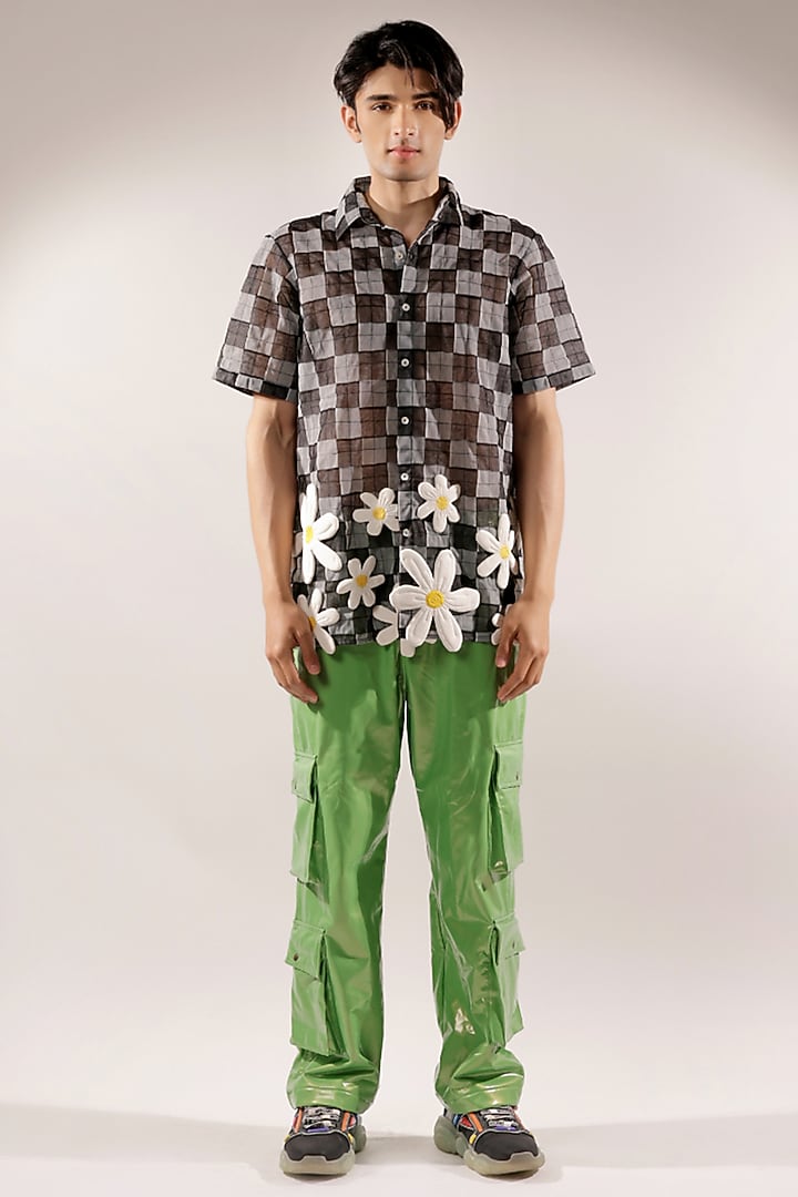 Black & White Net 3D Floral Quilted Checkered Wedding Shirt by Jubinav Chadha Men at Pernia's Pop Up Shop