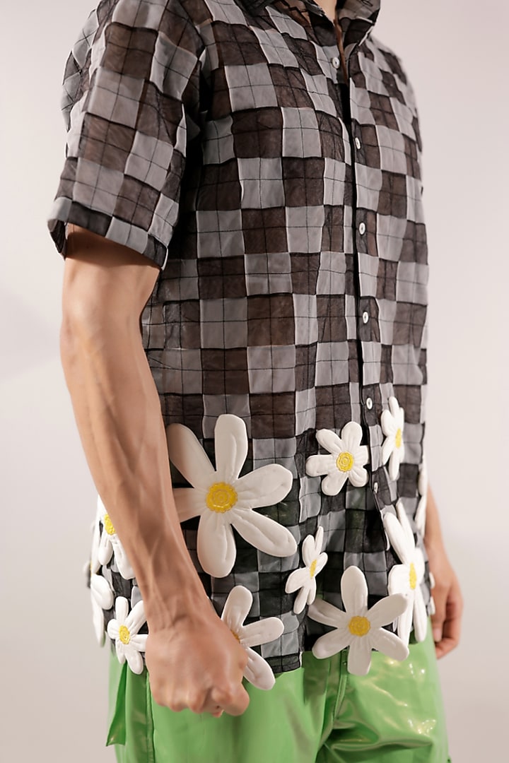 Black & White Net 3D Floral Quilted Checkered Wedding Shirt by Jubinav Chadha Men at Pernia's Pop Up Shop