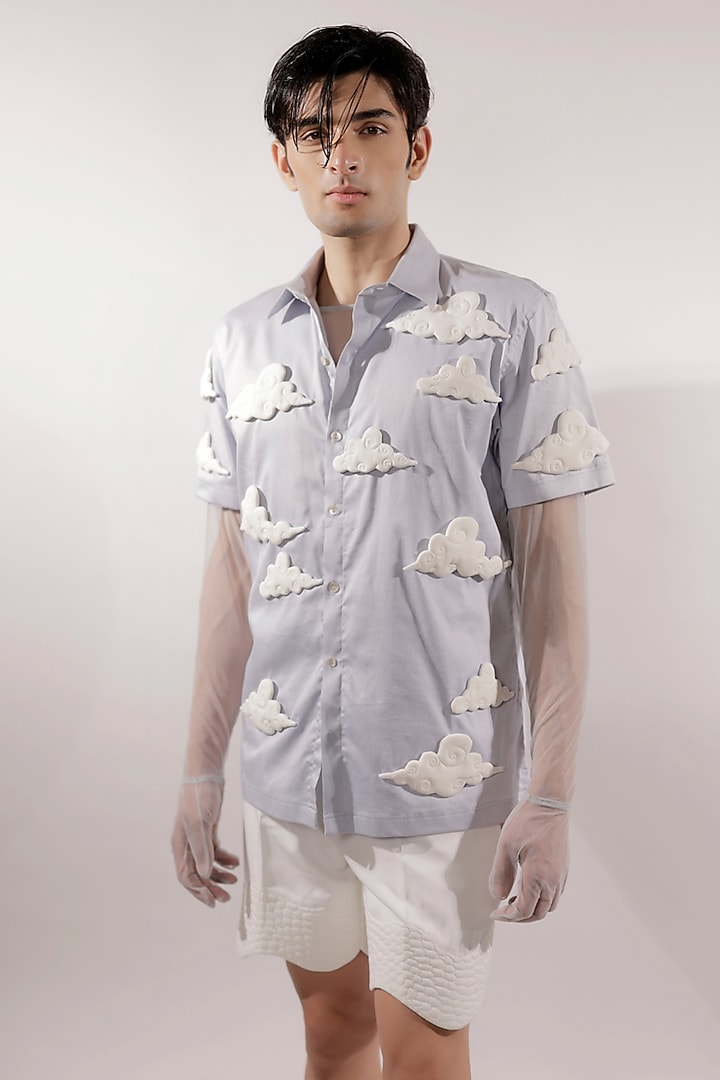Ice Blue Cotton Lycra 3D Foam Quilted Clouds Wedding Shirt by Jubinav Chadha Men at Pernia's Pop Up Shop