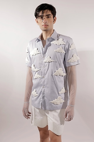 Ice Blue Cotton Lycra 3D Foam Quilted Clouds Shirt by Jubinav Chadha Men
