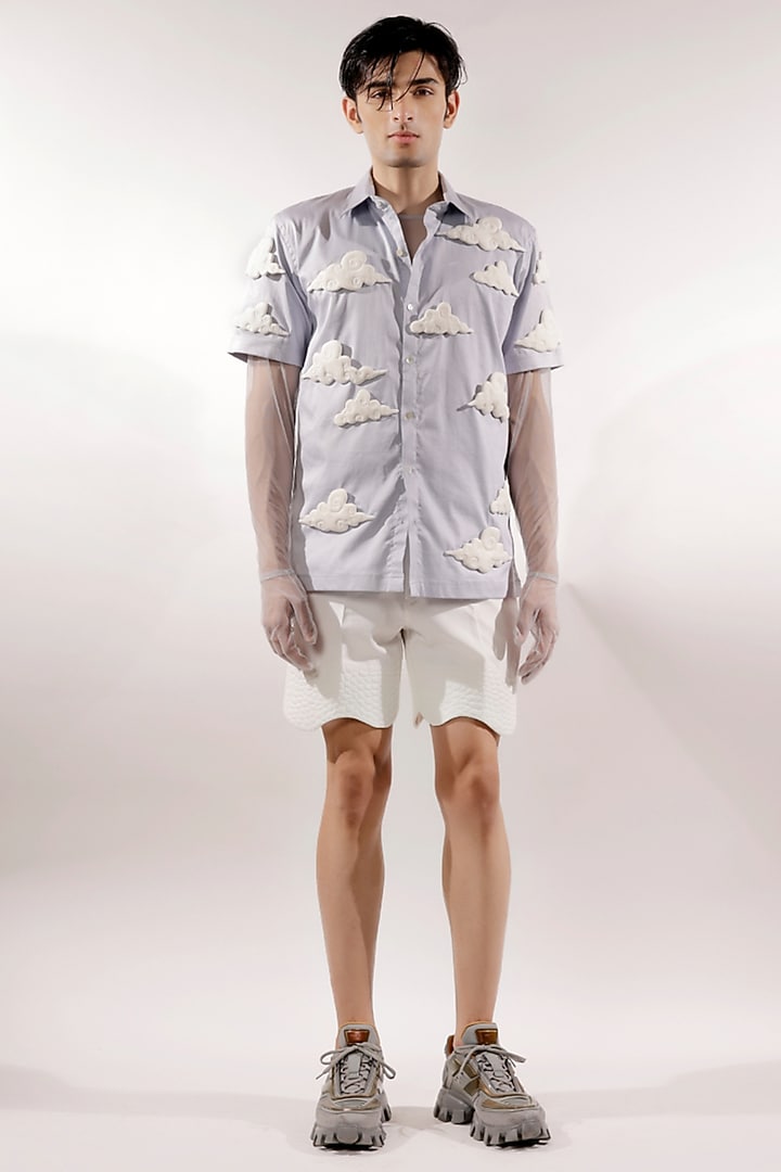 Ice Blue Cotton Lycra 3D Foam Quilted Clouds Wedding Shirt by Jubinav Chadha Men at Pernia's Pop Up Shop