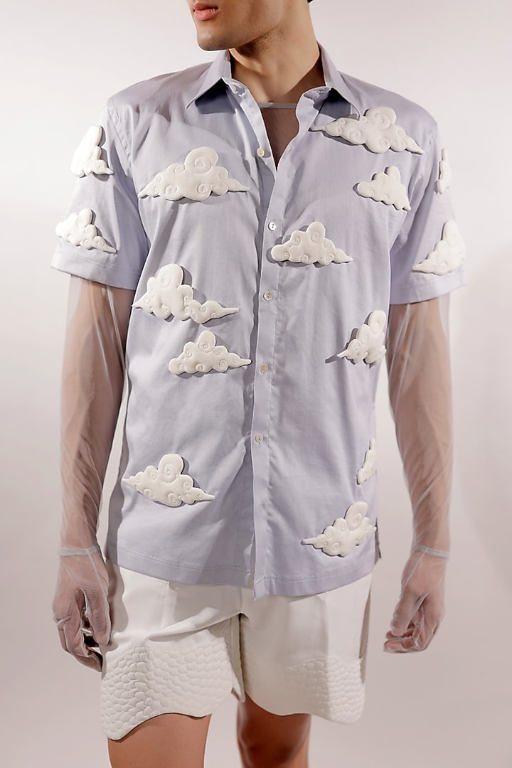 Ice Blue Cotton Lycra 3D Foam Quilted Clouds Wedding Shirt by Jubinav Chadha Men at Pernia's Pop Up Shop