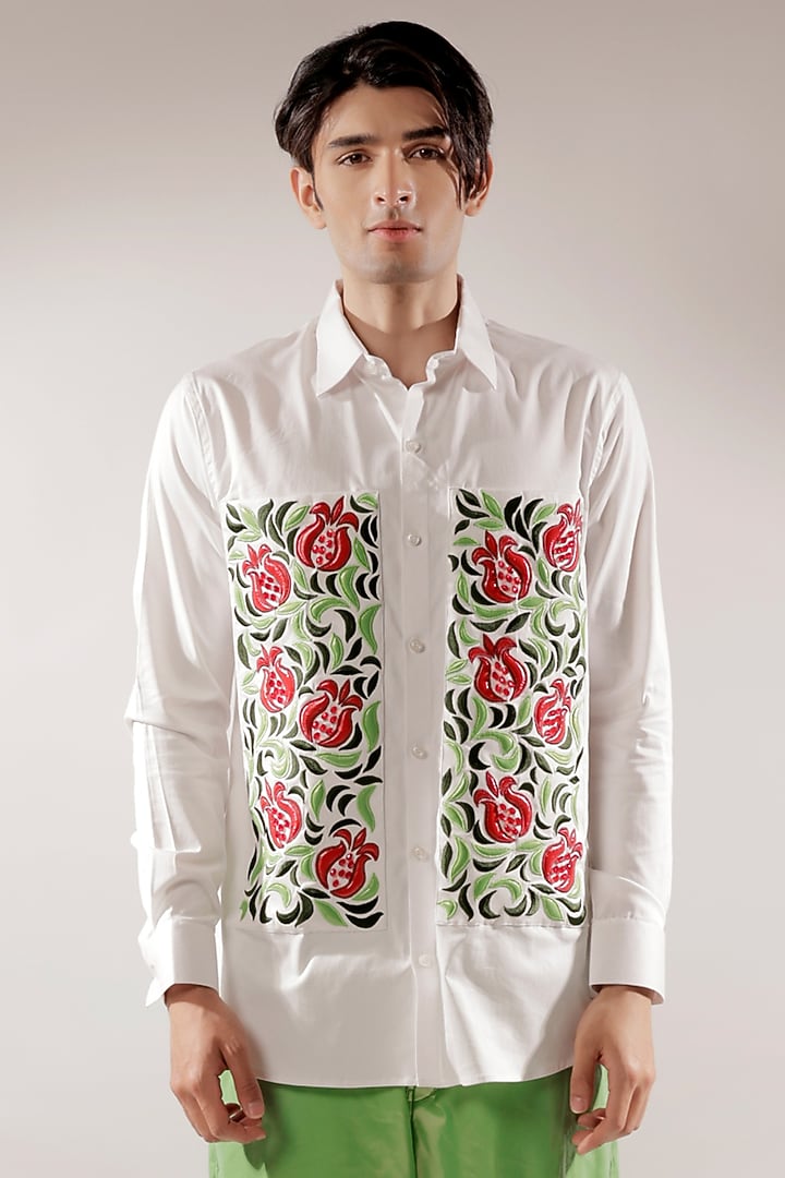 White Cotton lycra Pomegranate Quilted & Hand Embroidered Wedding Shirt by Jubinav Chadha Men at Pernia's Pop Up Shop